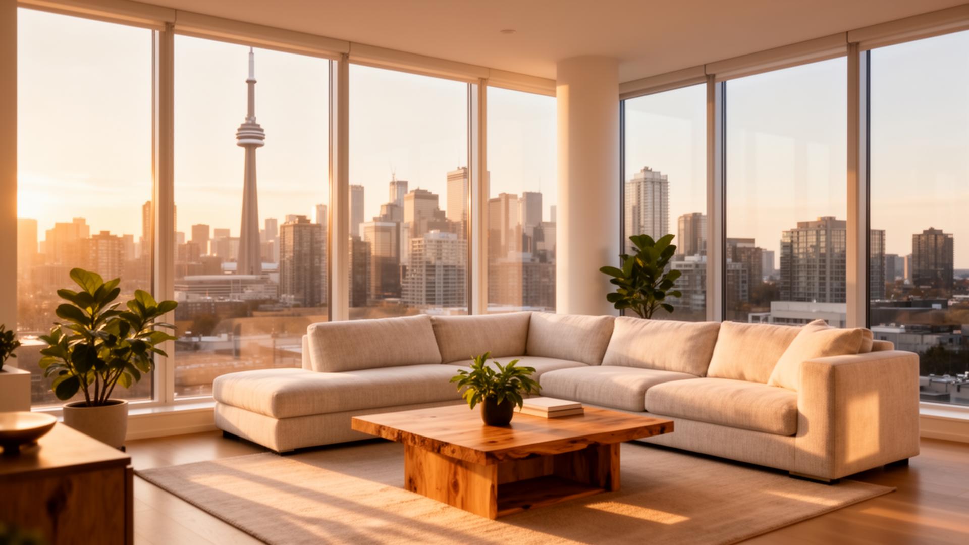 Modern Toronto condo living room at golden hour with skyline views